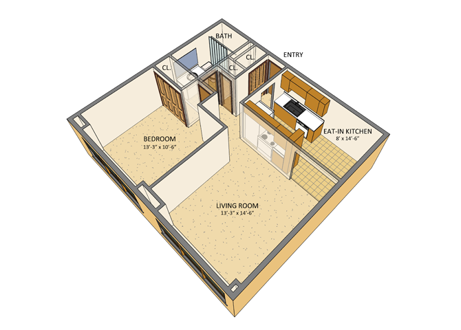 Floor plan for 1 bed, 1 bath, 502 sqft